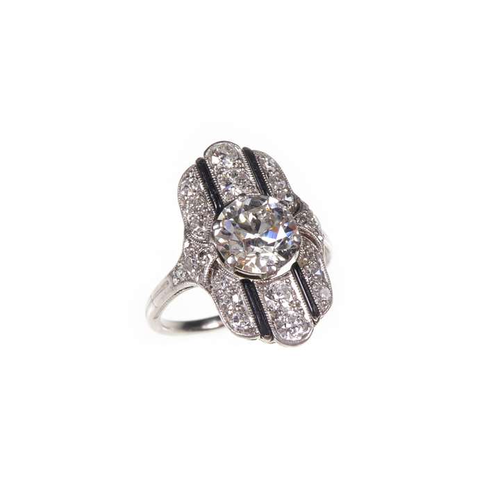 Art Deco diamond and black enamel oblong cluster ring